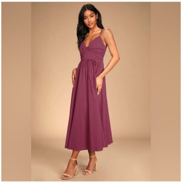 NWT Lulus Cue the Cuteness Mauve Purple Twist Front Midi Dress, Size XS - Picture 1 of 16